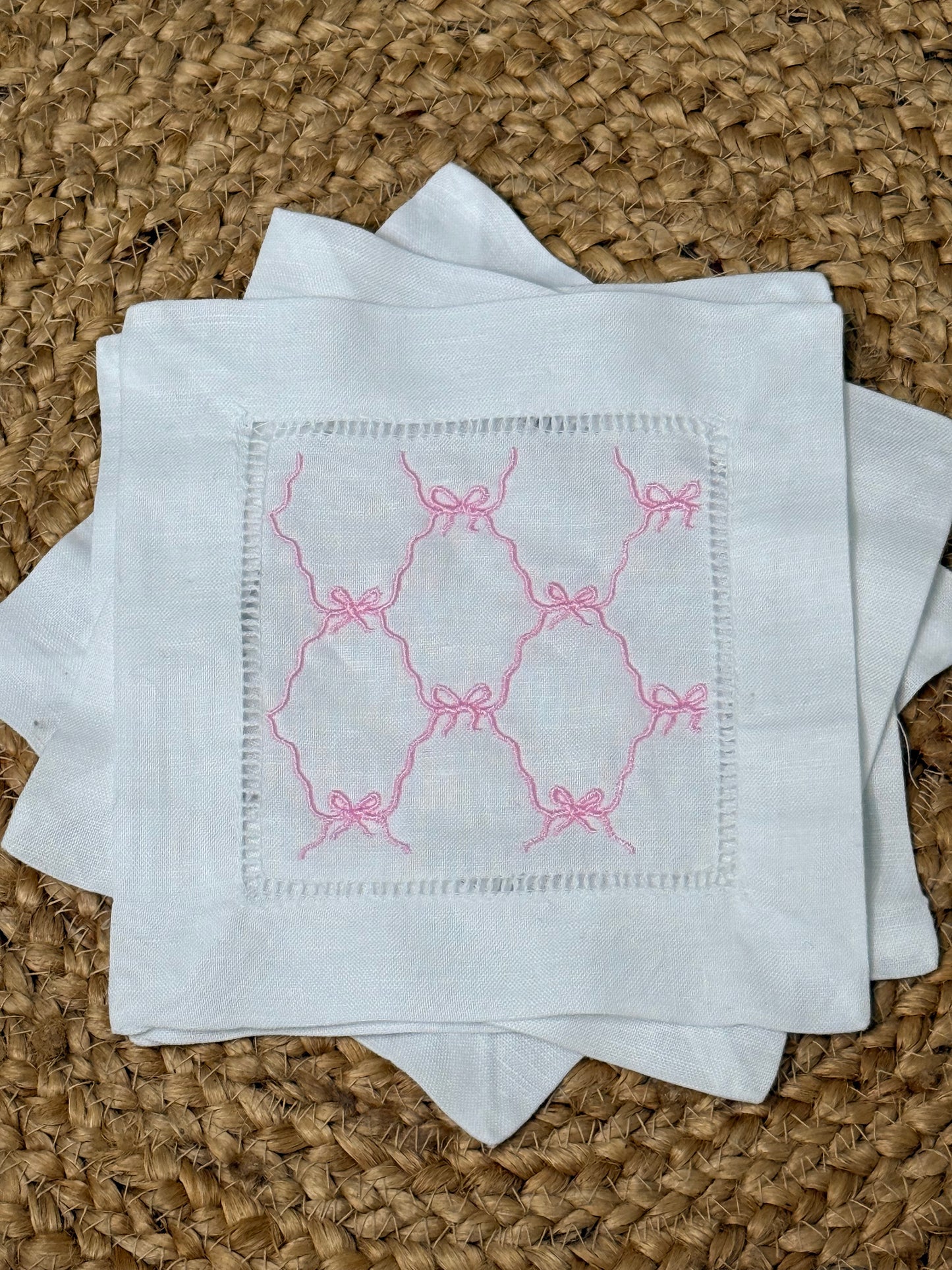 Pink Bow Embroidered Linen Cocktail Napkins - Set of 4