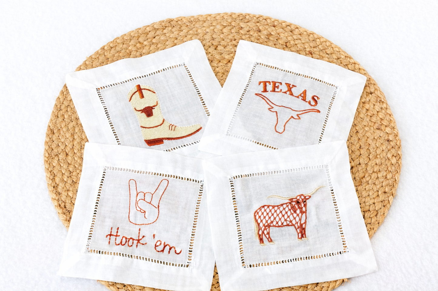 Texas Longhorn Embroidered Linen Cocktail Napkins - Set of 4